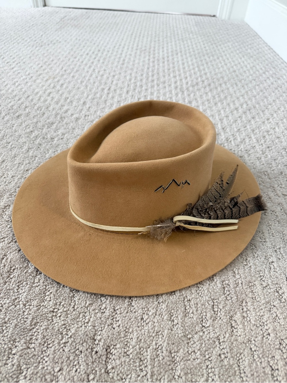 ONE OF A KIND handmade Wide Brim Hat with Feather Trim (Jackson Hole)